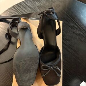 NOT FOR SALE: Black Ankle-Tie Satin Pointed Toe ballet Heels - Women's